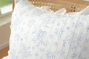 French style ruffles cotton printed throw pillow cover with blue floral and cute bow design.