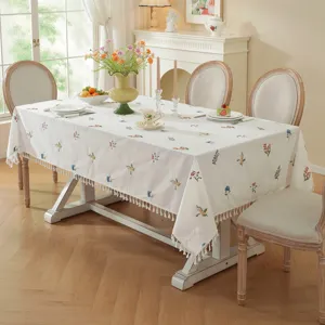 Lichte Luxe Puur Katoen Geborduurd Tafelkleed Bloemen Botanisch Kwastje Waterdicht Eettafel Hoes Salontafel Doek