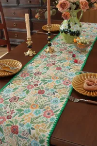 Vintage floral table runner with scalloped edge for dining table, rustic home decor fabric.