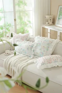 French style ruffled cotton printed throw pillow cover for cozy living room sofa and bed decor.