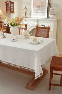 Weisse Polyester Quasten Tischtuch mit Gittermuster, elegante Esstisch Abdeckung Dekor.