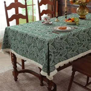 Nappe Rectangulaire en Jacquard Paisley Motif Botanique et Fleurs avec Glands en Polyester Coton Vintage Américain