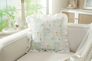 French style ruffled cotton printed cushion cover, vintage floral pattern detail for sofa decor.