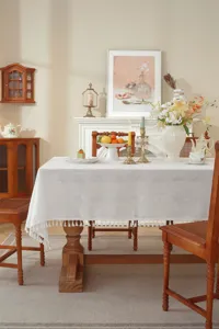 Weisse Polyester Tischdecke mit Quasten hohles Rautenmuster Esstischabdeckung