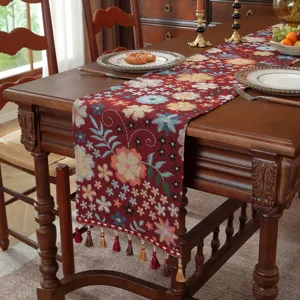 Amerikanischer Vintage Blumen Jacquard Tischlaeufer mit Quasten fuer Esszimmertisch