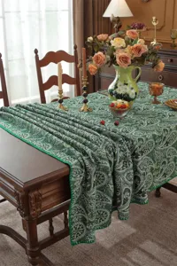 Nappe de table style rétro américain jacquard paisley, mélange coton vert décoration.