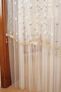 French style embroidered sheer door curtain with elegant hanging bead fringe and floral lace.