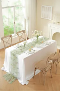 Detailed view of vintage embroidered table runner with colorful flowers for wedding decor.