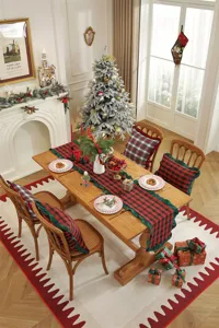 Christmas plaid table runner with ruffle edge and matching chair cushion for holiday home decor.
