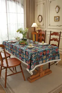 Mantel de jacquard floral vintage americano con borlas, cubierta de mesa rectangular.