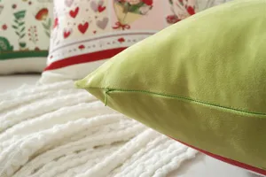 Green velvet cushion cover detail close up, soft decorative pillow case zipper display.