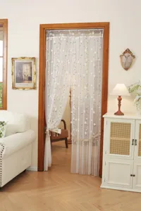 French style embroidered lace door curtain detail, elegant bead tassel sheer divider panel