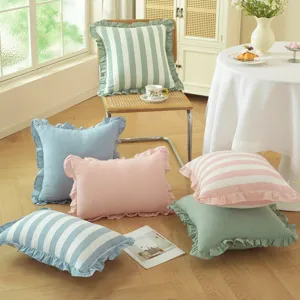 Funda de Cojín Decorativa de Algodón con Volantes Estilo Pastoral Francés Color Sólido Rayado para Sofá Hogar