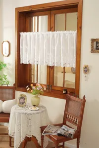 French vintage white embroidered lace short curtain for kitchen window and door divider.
