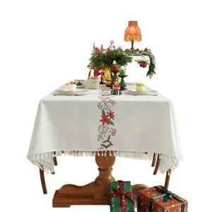 Kerst geborduurd tafelkleed met kwastjes franje, feestelijk rechthoekig eettafelkleed.