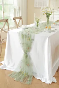 Sage green embroidered tulle table runner with vintage colorful floral design for wedding.