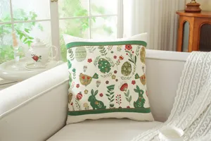 Easter jacquard cushion cover with cute rabbit and floral pattern for living room sofa decor.