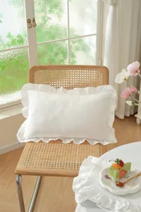 French pastoral style white ruffled cotton throw pillow cover for cozy sofa and bed decor.