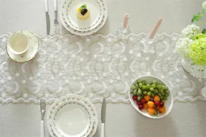 White and gold star moon lace table runner elegant embroidered sheer fabric dining table cover decor
