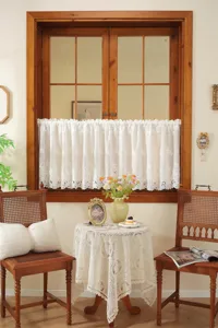 French white embroidered hollow lace short curtain vintage kitchen window tier valance