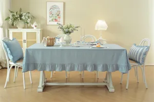 Nappe de table en coton bleu clair style pastoral français avec volants pour décoration