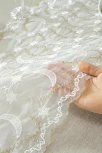 White and gold star moon lace table runner elegant sheer fabric decorative cover for home use