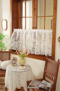 Rideau court de cuisine en dentelle vintage française, séparateur jacquard floral rétro.