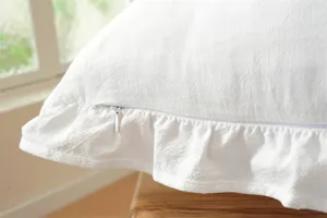 Close-up detail shot of white cotton throw pillow cover featuring elegant ruffles and a hidden zipper.