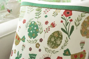 Detail view of Easter floral jacquard pillow cover, showing fine woven fabric and spring patterns.
