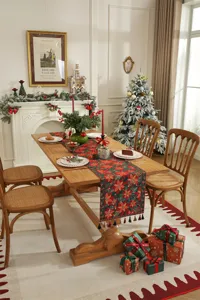 Cammino da tavola natalizio festivo rosso poinsettia jacquard floreale design con nappe.