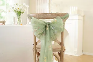 Green mesh wedding chair sash with floral embroidery tulle bow back decoration 1pc