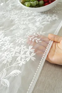 White lace table runner with delicate floral embroidery, elegant wedding home decor table cloth.