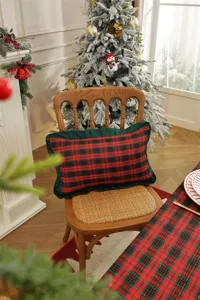 Christmas plaid cushion and table runner set, holiday home decor with ruffles, cozy festive style.