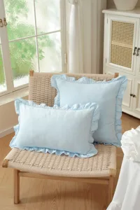 French pastoral style light blue cotton ruffled decorative throw pillow cover detail