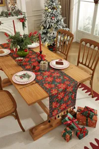 Corsia da tavola di Natale festiva rosso verde poinsettia jacquard decorazione casa.