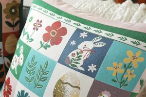Close-up view of the jacquard Easter pillow cover showing fine fabric texture, bunny and floral pattern.