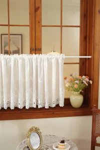 French vintage white lace short curtain with delicate floral embroidery, perfect for kitchen or cabinet.