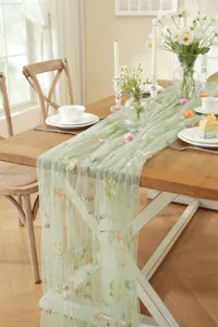 Elegant green floral embroidered table runner, vintage mesh lace dining decor for wedding party.