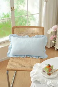 French pastoral style light blue cotton ruffle throw pillow cover for sofa and bed decor