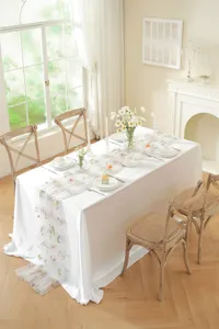 Detailed scene of a retro floral embroidered mesh table runner decorating a dining table.