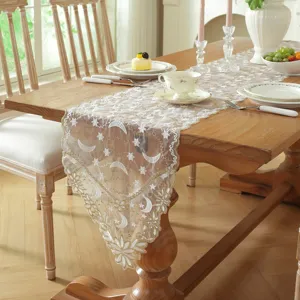 White gold lace table runner with star moon embroidery for wedding dining room decor.