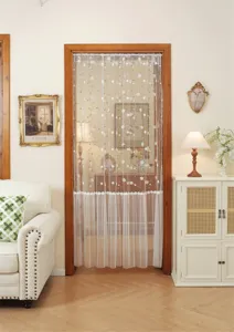 French style embroidered lace door curtain detail view, elegant white sheer hanging curtain.