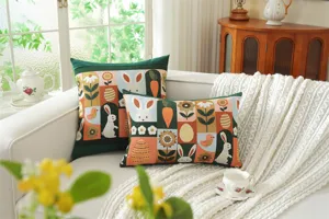 Easter jacquard throw pillow cover and lumbar pillow with cute rabbit and floral patchwork design.