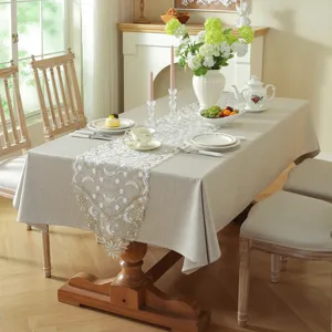 Elegant beige tablecloth with white gold moon star lace table runner for dining room decor