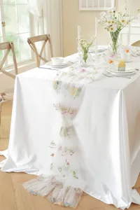 Elegant embroidered lace table runner with colorful floral pattern for wedding and dining decor.