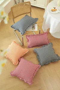 French pastoral checkered throw pillow with ruffled edges, soft cotton cushion for sofa decor.