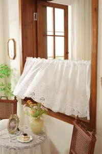 French vintage white floral embroidered lace short curtain detail and cozy room decor scene