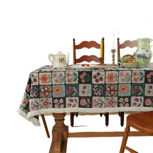 Mantel tejido con flores vintage, cubierta de mesa retro de tapiz con flecos para comedor.