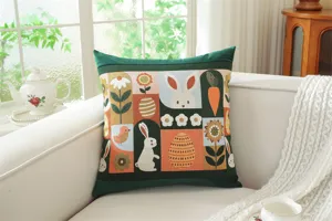 Details of the Easter jacquard decorative pillow cover featuring cute rabbits and floral patterns.