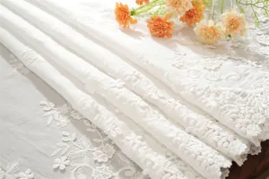 French white embroidered hollow lace short curtain fabric for home decor and partition use.